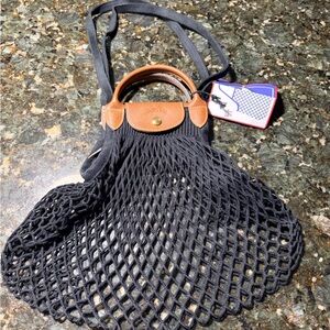 Longchamp Black Mesh Tote with Brown Leather